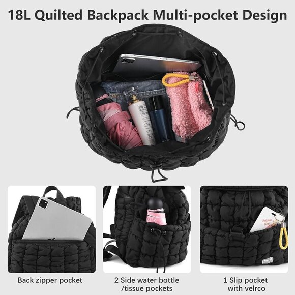 Women\'s Black Quilted Puffer Imported Drawstring Magnetic Closure Backpack main image 5